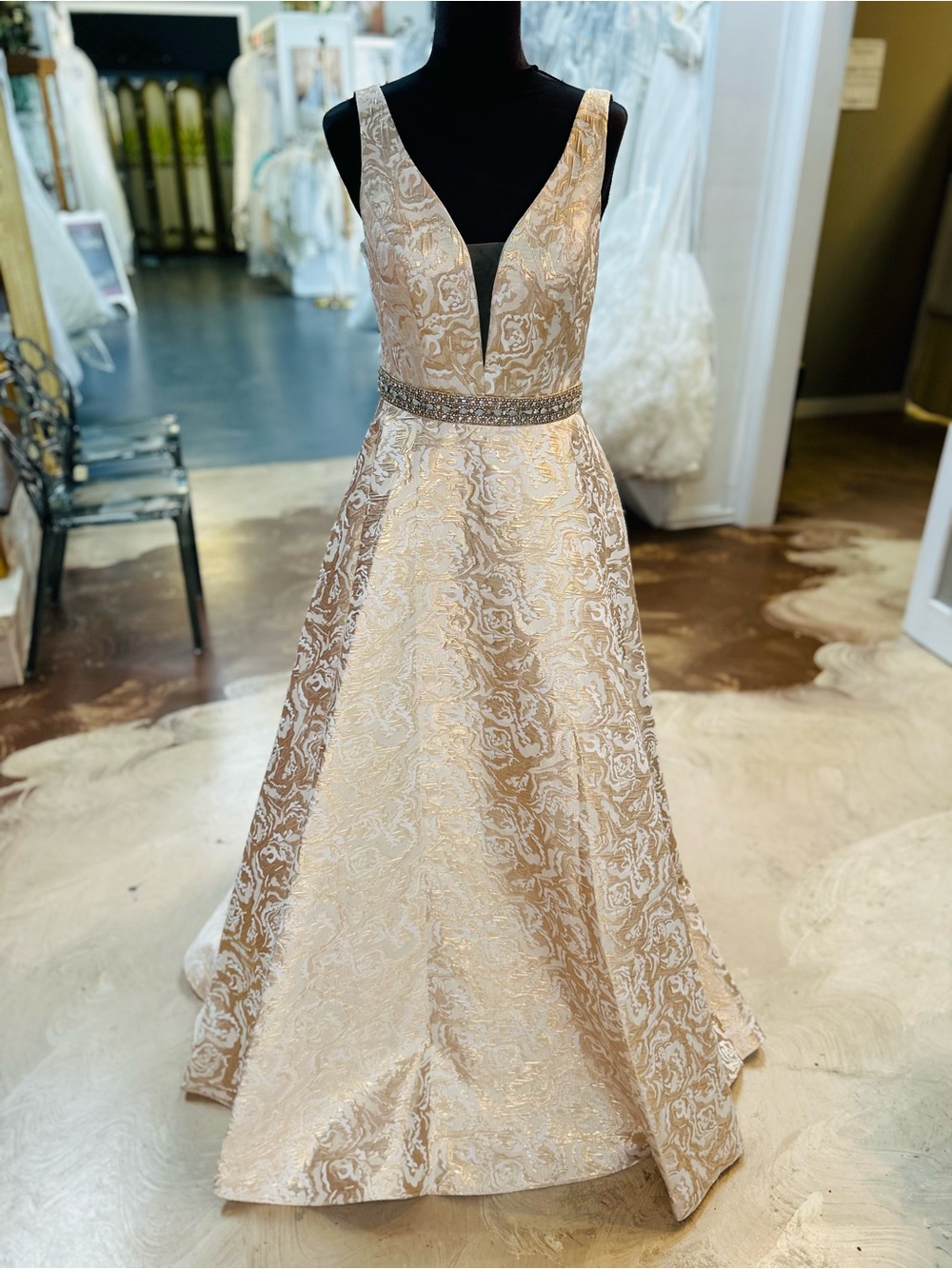 Ivory Brocade V-Neck A-Line Prom Dress with Beaded Waist